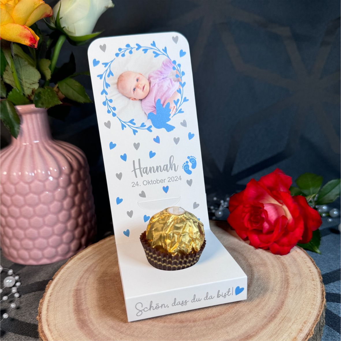 Aufsteller für Gastgeschenke personalisiert - blaue Herzen - FOTOFOL