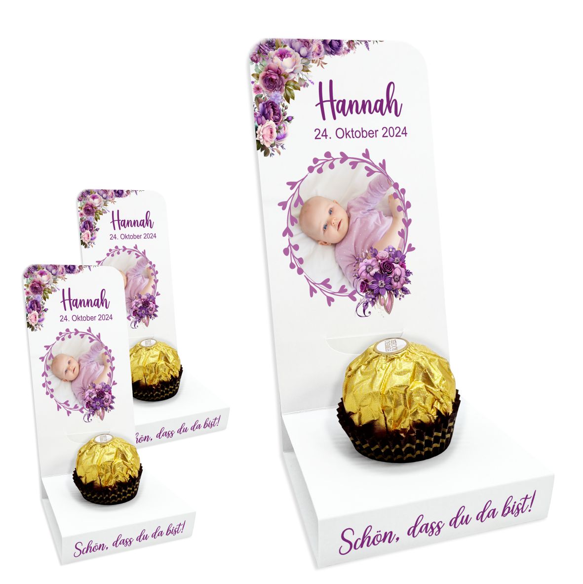 Aufsteller für Gastgeschenke personalisiert - lila Blumen - FOTOFOL