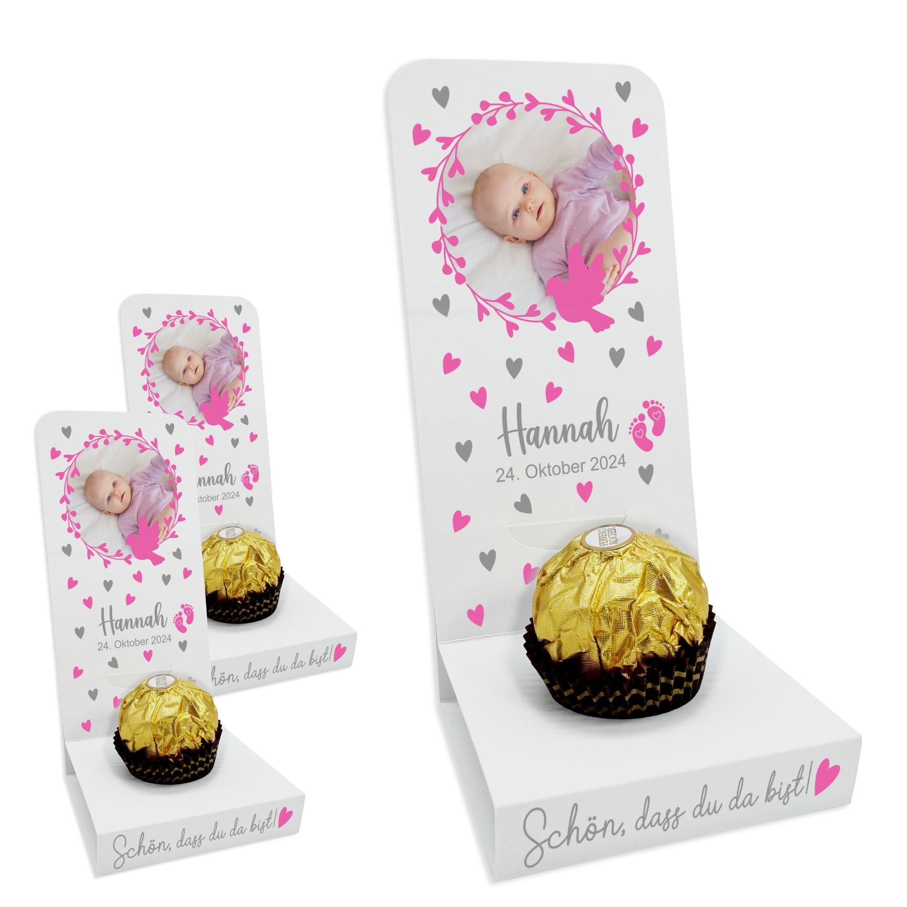Aufsteller für Gastgeschenke personalisiert - rosa Herzen - FOTOFOL