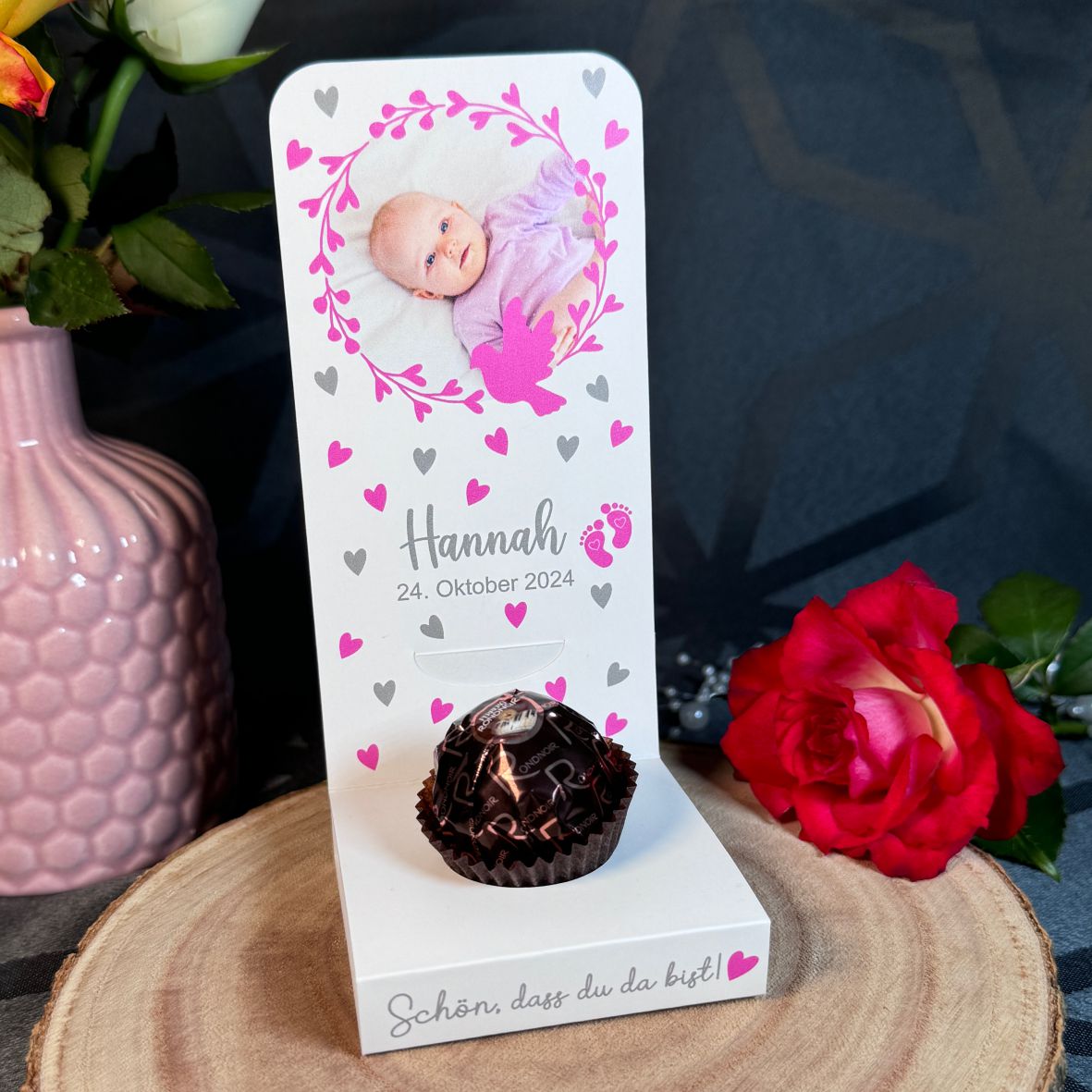 Aufsteller für Gastgeschenke personalisiert - rosa Herzen - FOTOFOL