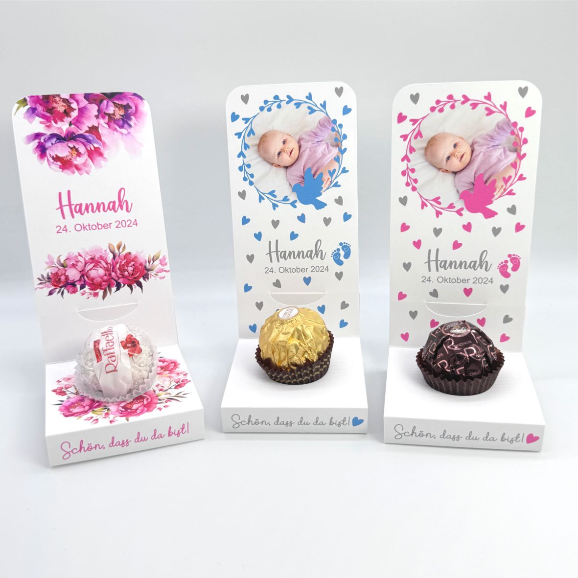 Aufsteller für Gastgeschenke personalisiert - rosa Herzen - FOTOFOL