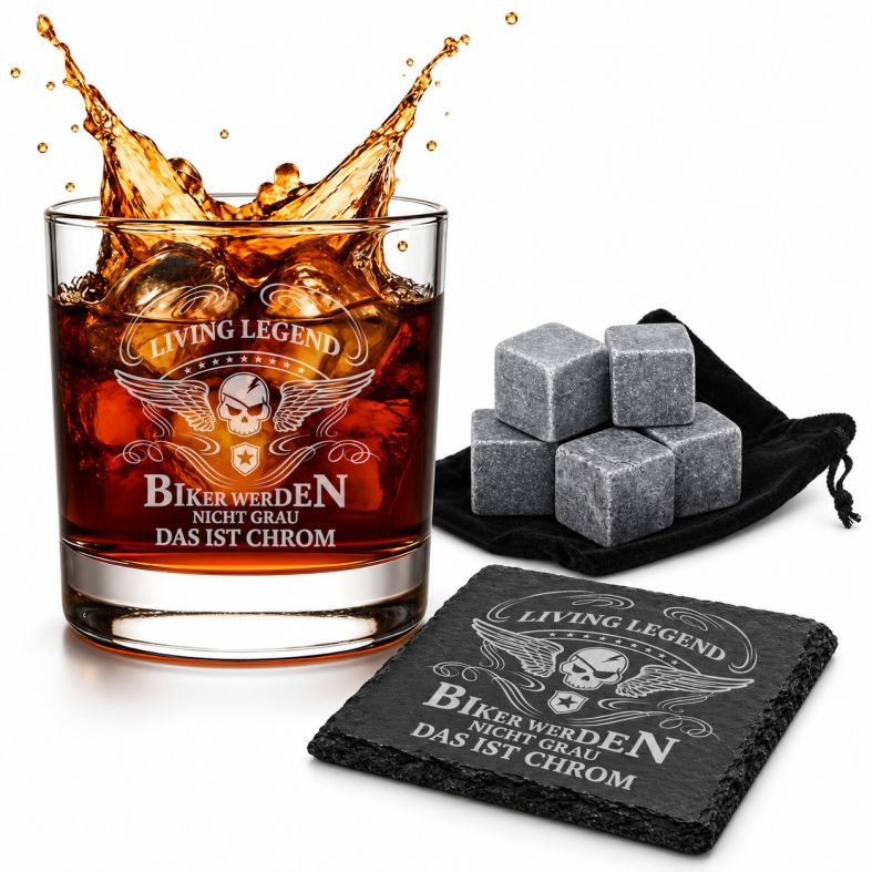 Whiskey Glas SET mit Gravur I Biker werden nicht Grau das ist Chrome - Totenkopf-Design