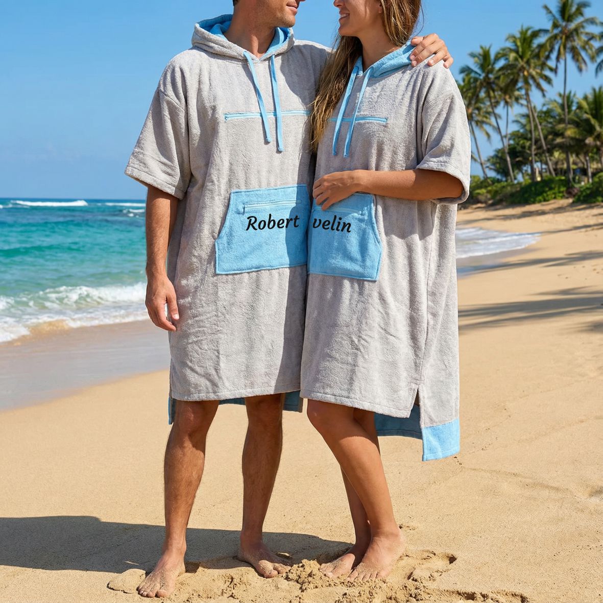 Badeponcho Unisex aus 100% Baumwolle PERSONALISIERT mit Name Kapuzen-Bademantel