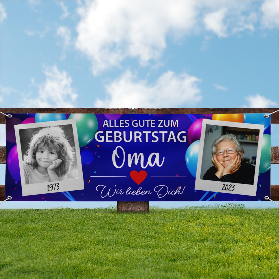 Personalisiertes Geburtstagsbanner bunte Ballons mit Deinen Texten & Fotos