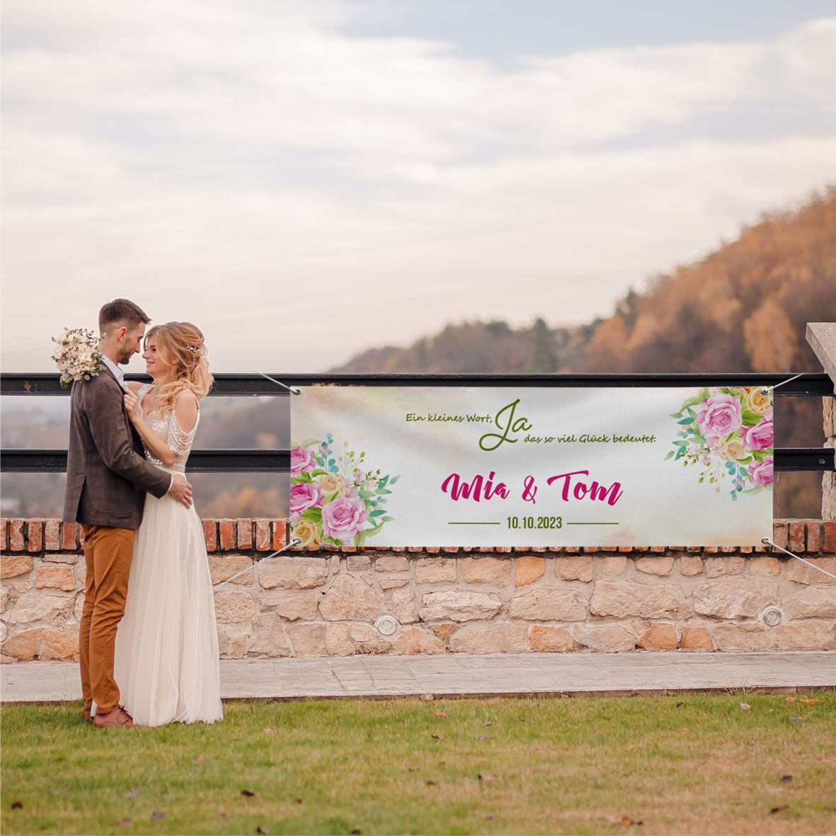 Hochzeit Banner "Pastell Rosen" - Personaliserung mit Namen, Datum und Wunschtext - FOTOFOL
