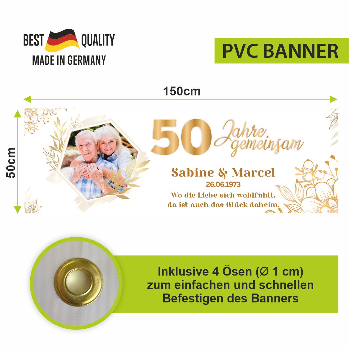 Personalisiertes Banner zur goldenen Hochzeit mit Foto und Wunschtext - 50 Jahre gemeinsam - FOTOFOL
