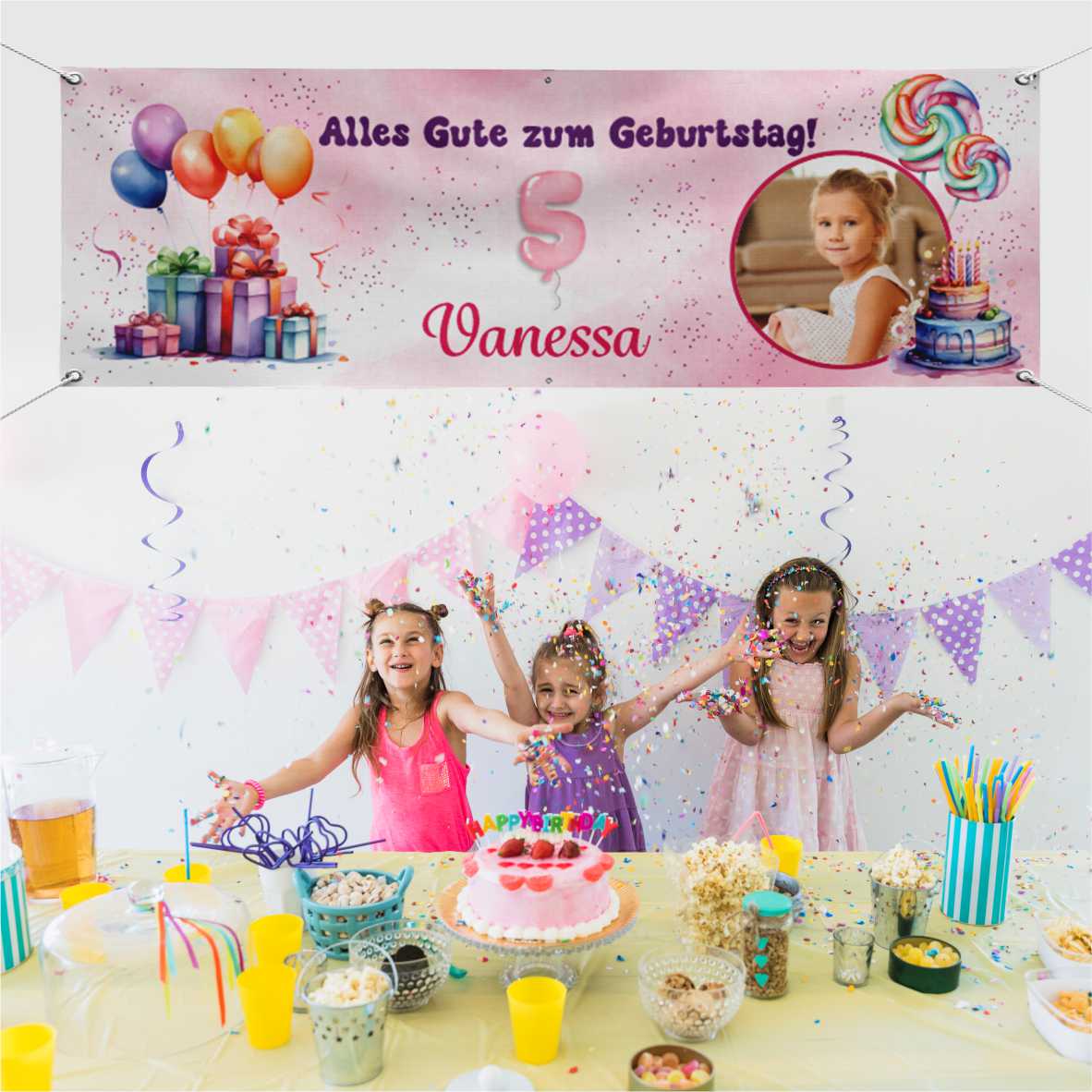Geburtstagsbanner für Mädchen personalisiert mit Foto und Wunschname