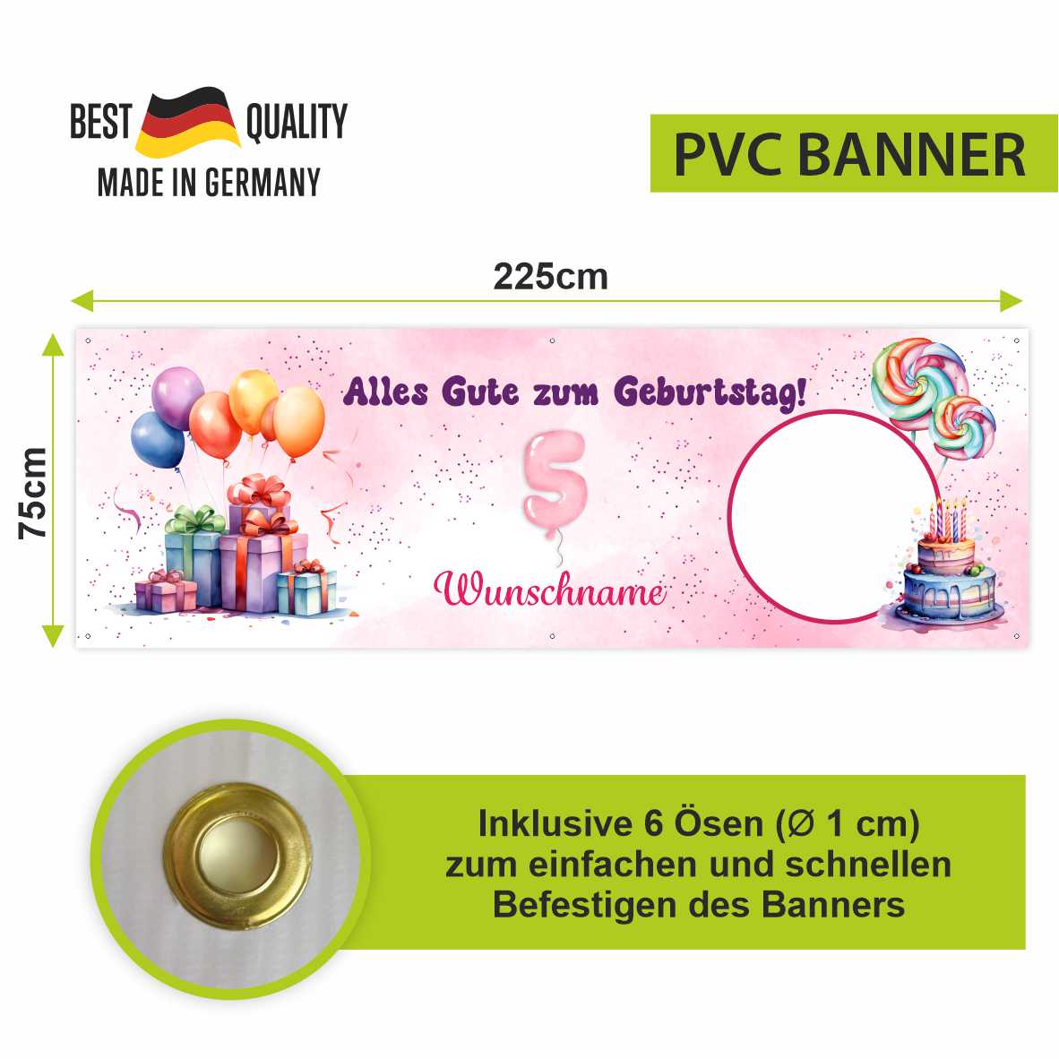 Geburtstagsbanner für Mädchen personalisiert mit Foto und Wunschname