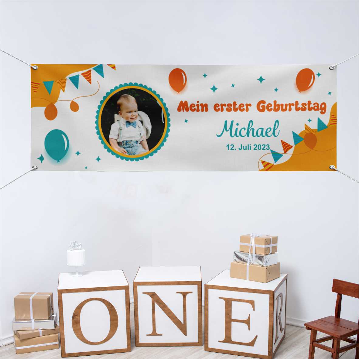 Geburtstagsbanner "Mein erster Geburtstag" für Jungen personalisiert mit Foto und Wunschname