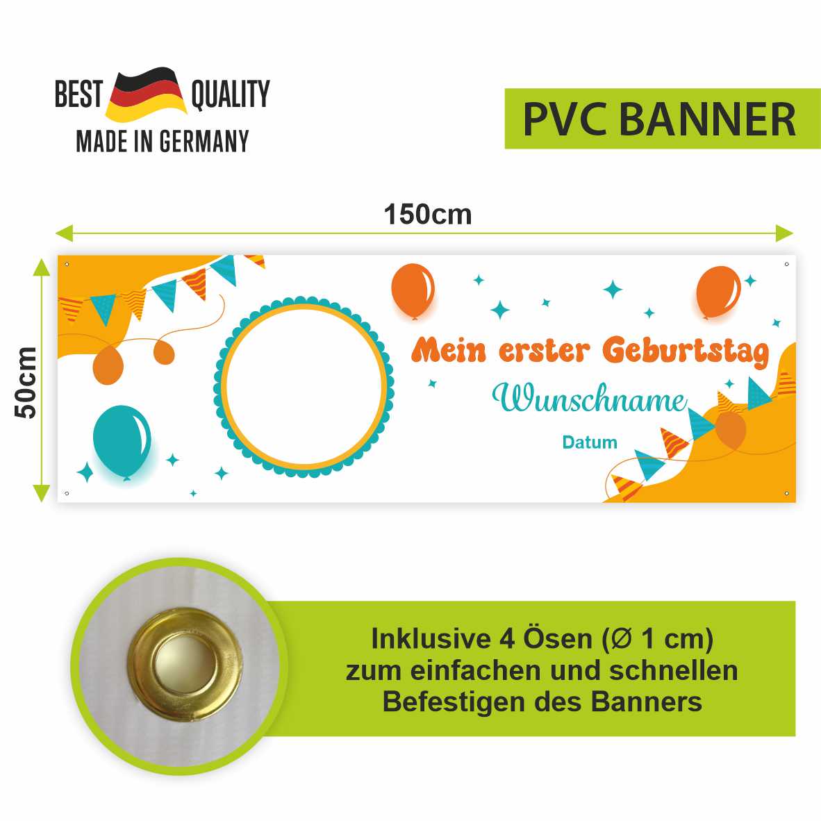 Geburtstagsbanner "Mein erster Geburtstag" für Jungen personalisiert mit Foto und Wunschname
