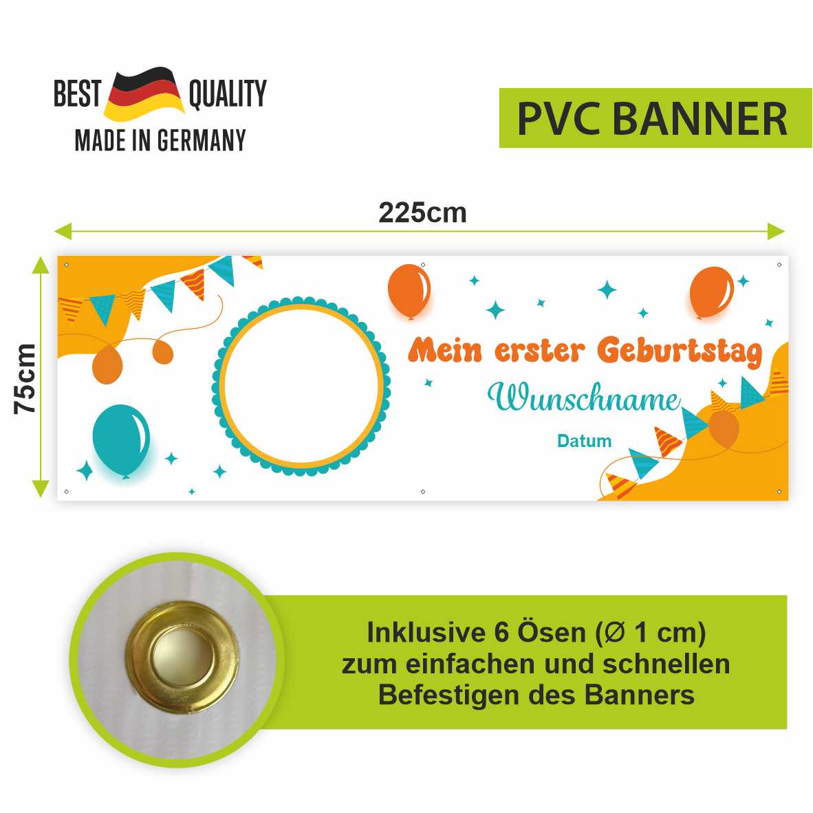 Geburtstagsbanner "Mein erster Geburtstag" für Jungen personalisiert mit Foto und Wunschname