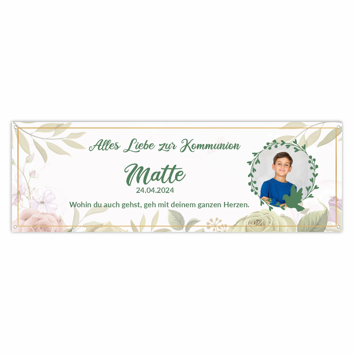 Taufe / Kommunion Banner  personalisiert mit Foto und Wunschname - Grün - FOTOFOL