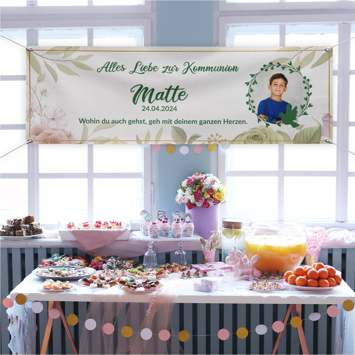 Taufe / Kommunion Banner  personalisiert mit Foto und Wunschname - Grün - FOTOFOL