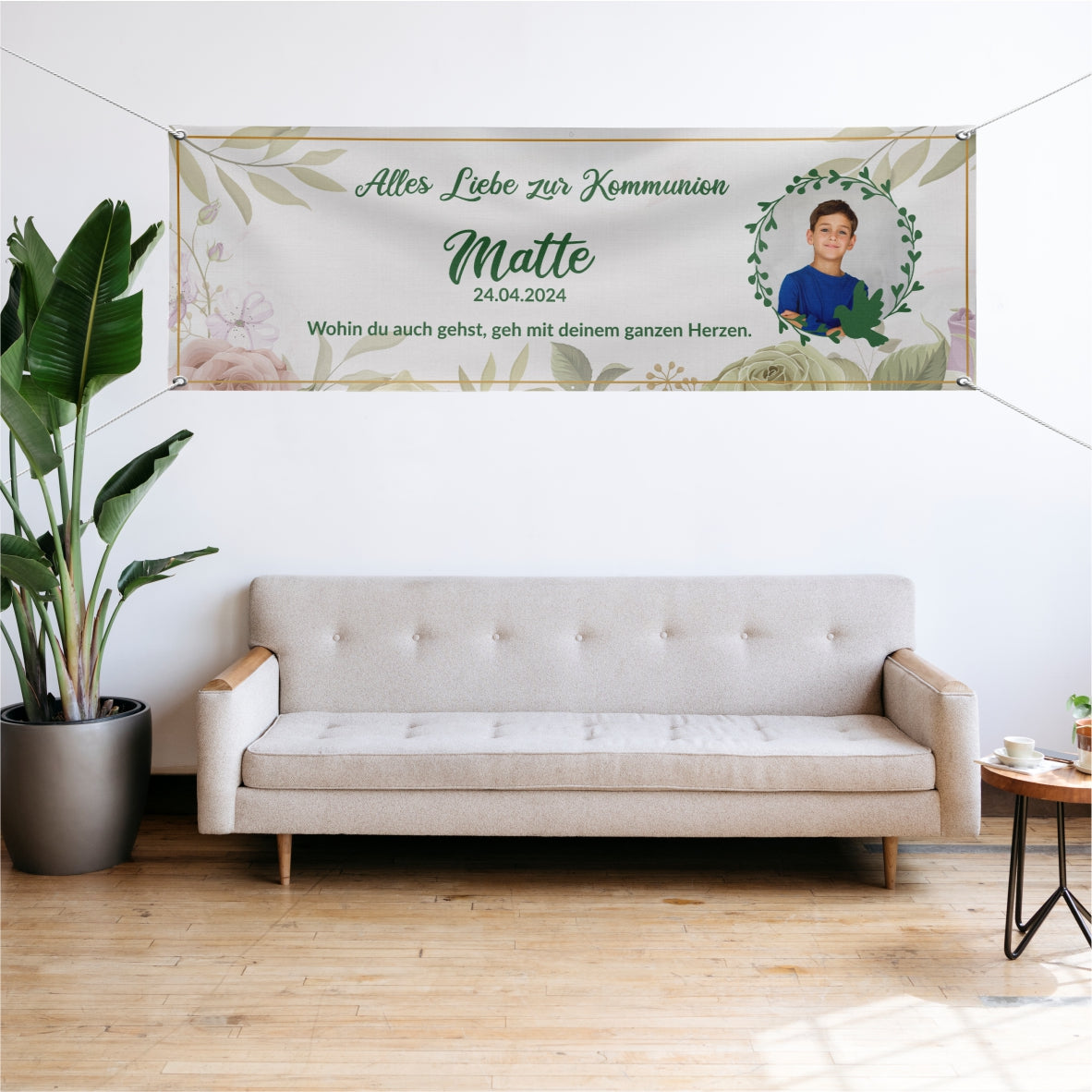 Taufe / Kommunion Banner  personalisiert mit Foto und Wunschname - Grün