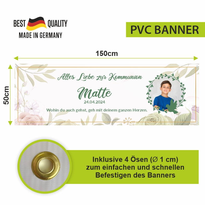 Taufe / Kommunion Banner  personalisiert mit Foto und Wunschname - Grün