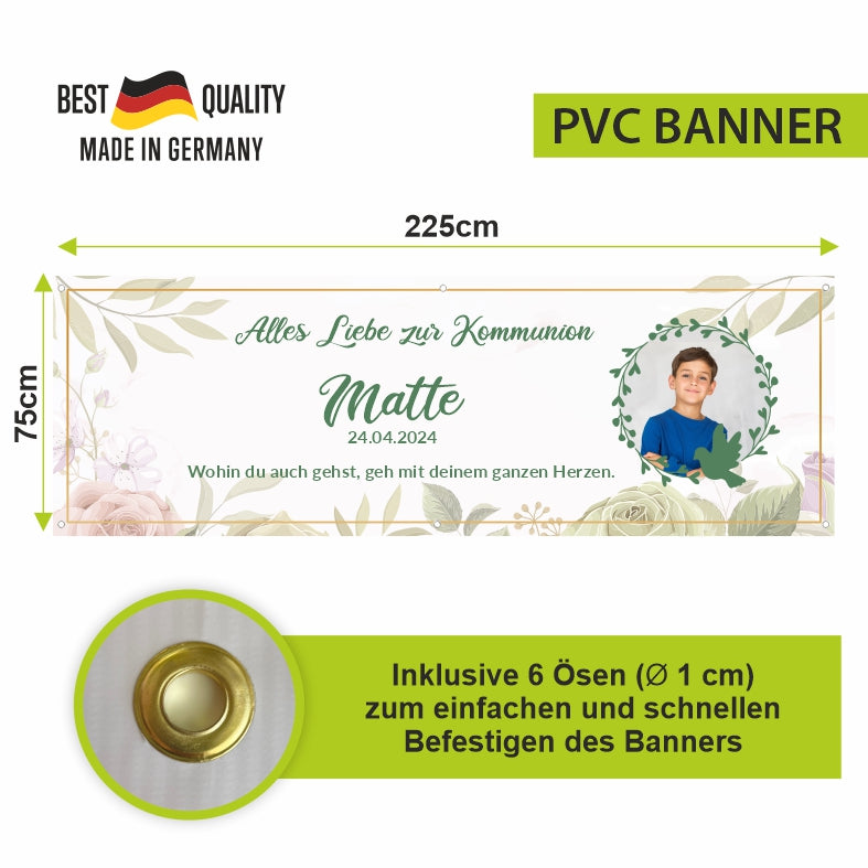 Taufe / Kommunion Banner  personalisiert mit Foto und Wunschname - Grün