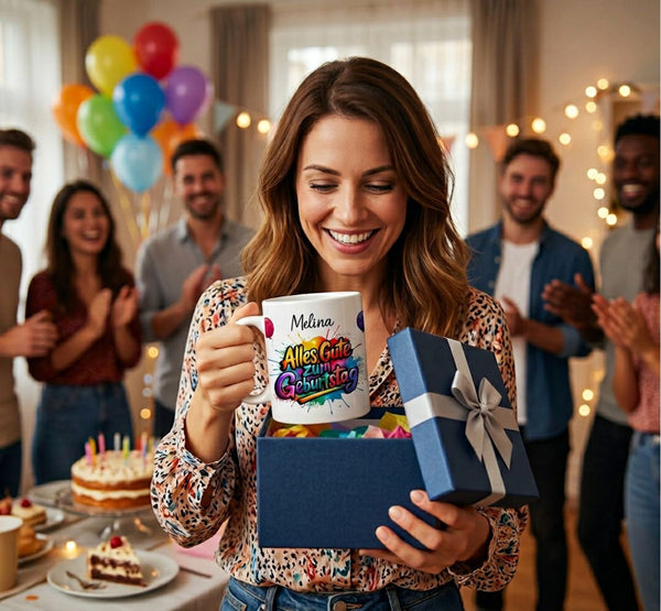 Personalisierte Tasse zum Geburtstag | Buntes Design & Wunschname