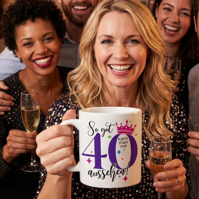 Personalisierte Tasse zum 40. Geburtstag | Individuelles Geschenk mit Namen | Spruch "So gut kann man mit 40 aussehen"