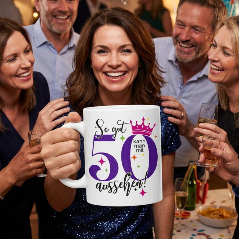 Personalisierte Tasse zum 50. Geburtstag | Individuelles Geschenk mit Namen | Spruch "So gut kann man mit 50 aussehen"
