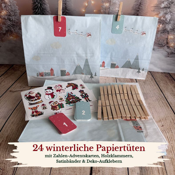 Adventskalender Tüten zum Befüllen – 24 Geschenktüten mit Zahlen & Klammern – Set L, 27 x 33 x 10 cm