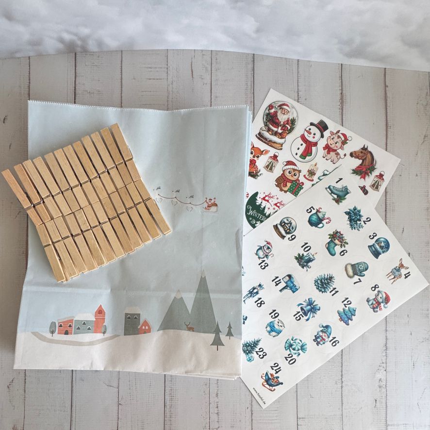Adventskalender Set L – 24 Geschenktüten 27 x 33 x 10  cm mit Zahlen & Klammern - FOTOFOL
