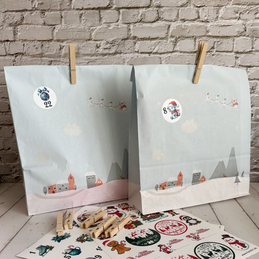 Adventskalender Set L – 24 Geschenktüten 27 x 33 x 10  cm mit Zahlen & Klammern - FOTOFOL