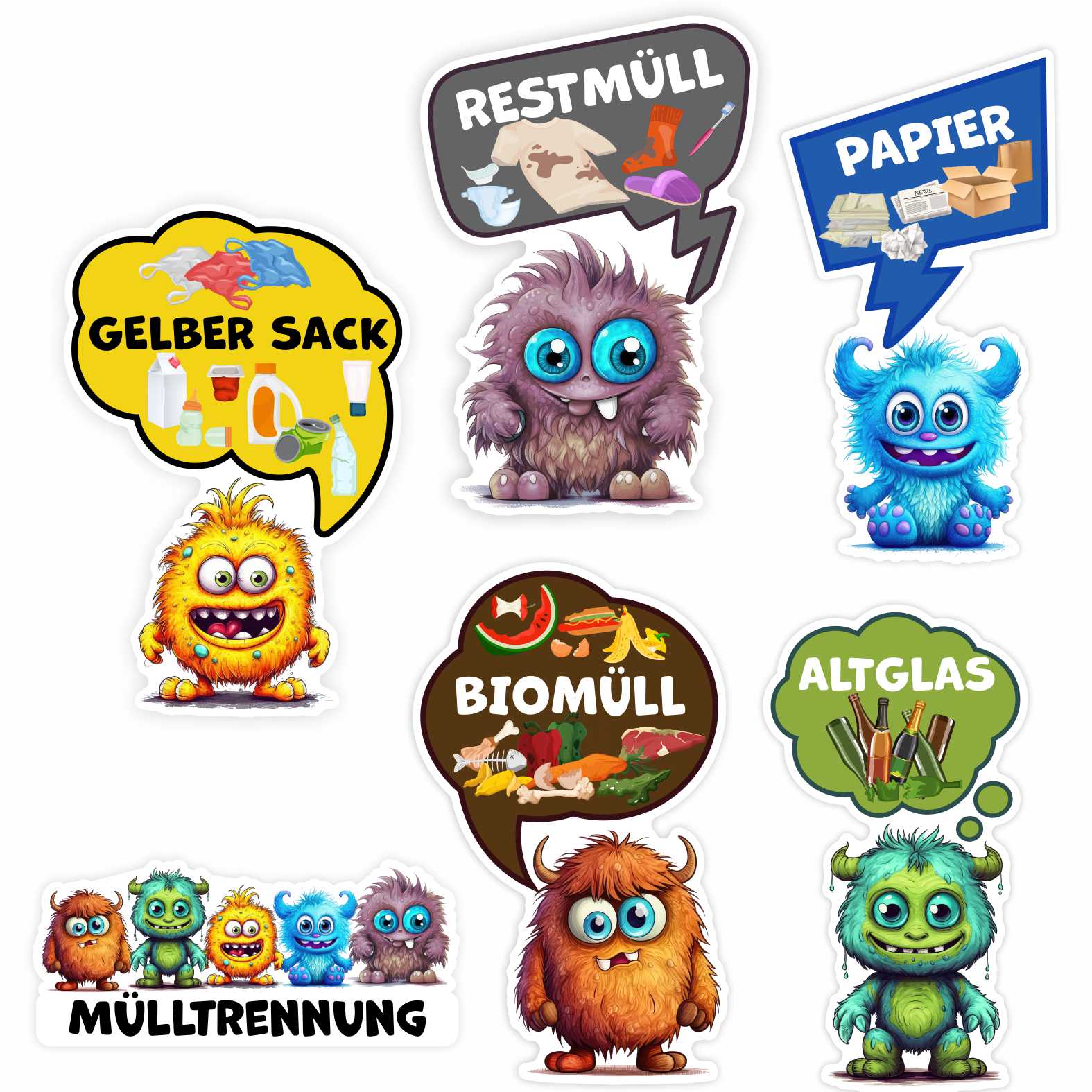 Lustige Aufkleber Monster Set  Mülltrennung - Gelber Sack, Altglas, Altpapier, Restmüll, Biomüll- für Innen - FOTOFOL