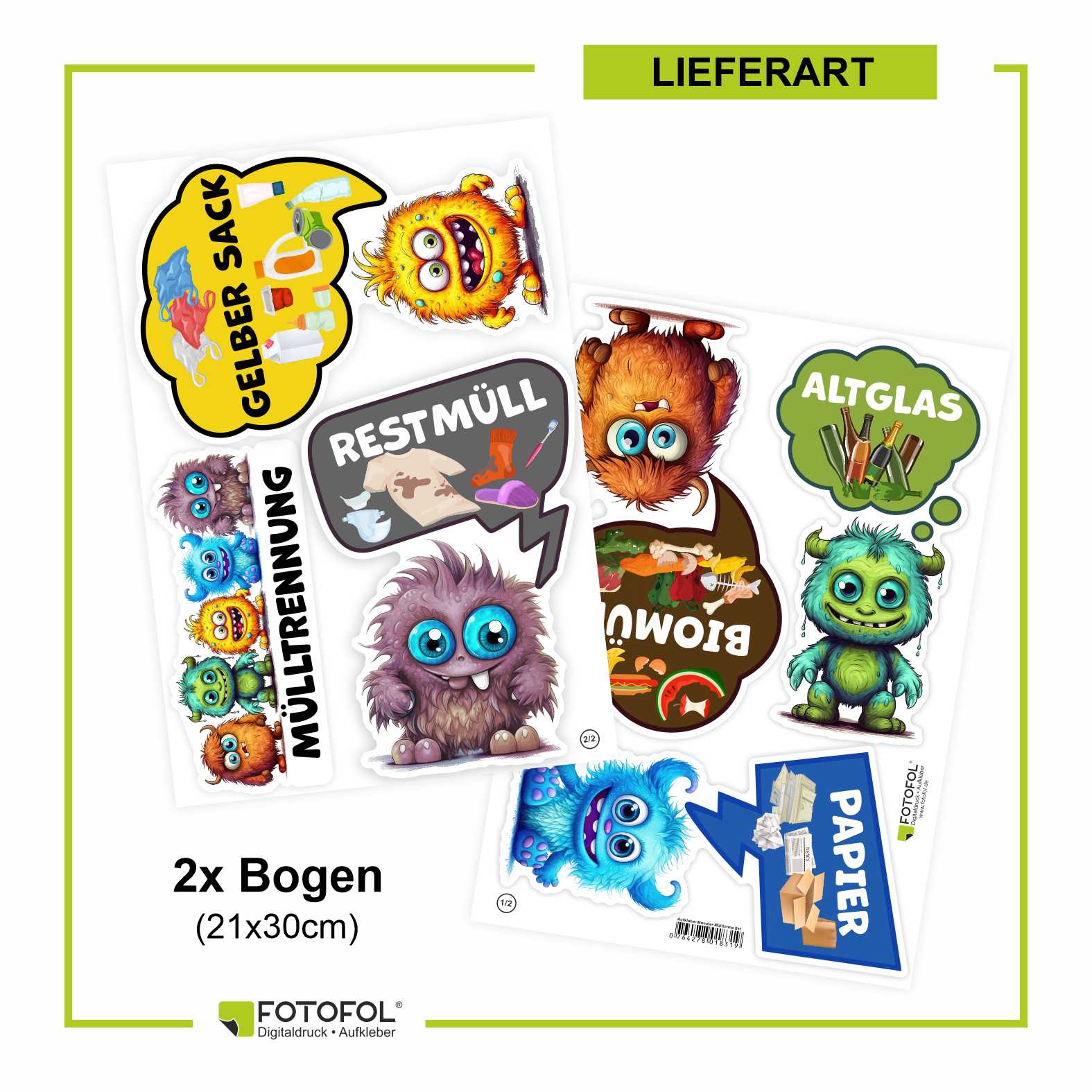 Lustige Aufkleber Monster Set  Mülltrennung - Gelber Sack, Altglas, Altpapier, Restmüll, Biomüll- für Innen - FOTOFOL