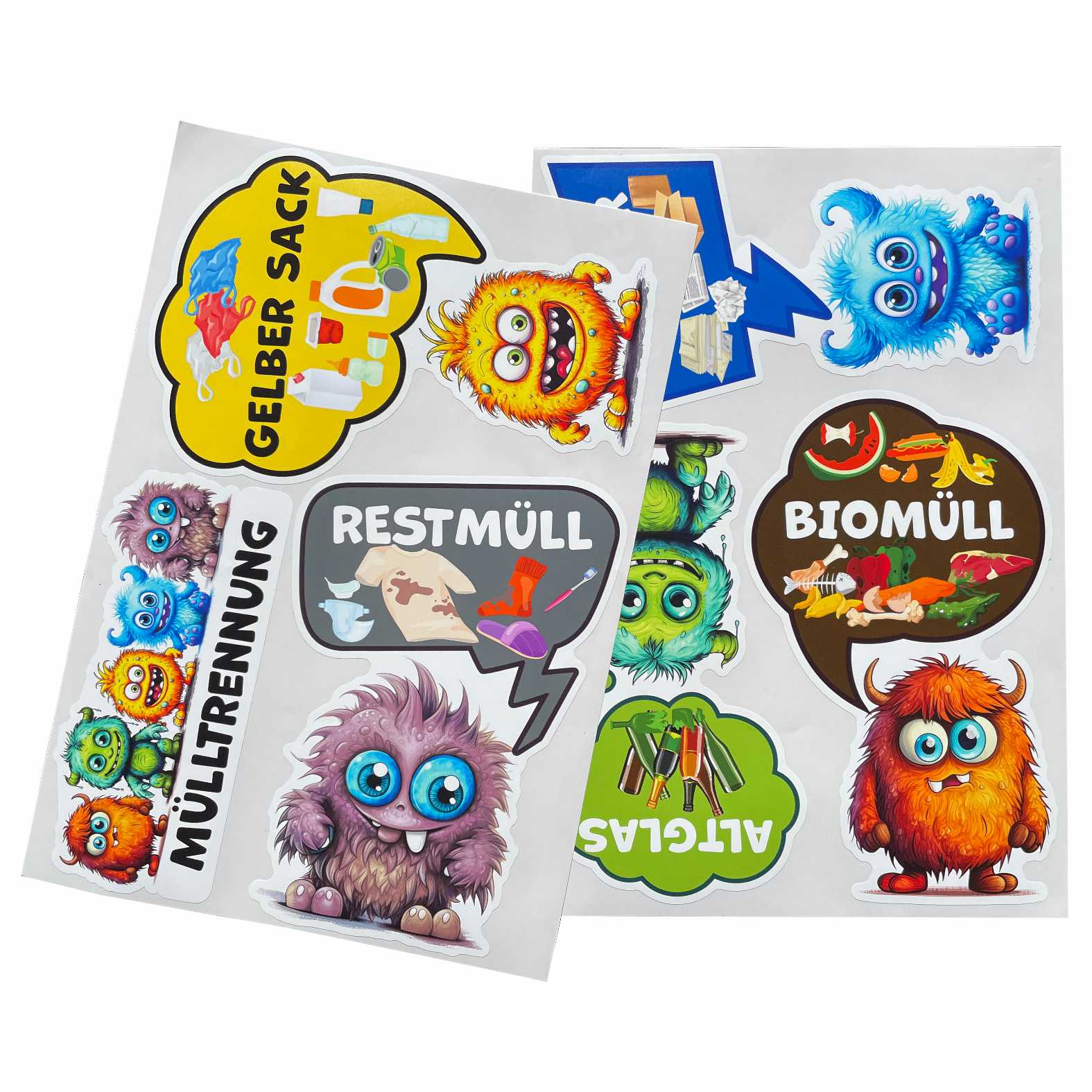 Lustige Aufkleber Monster Set  Mülltrennung - Gelber Sack, Altglas, Altpapier, Restmüll, Biomüll- für Innen