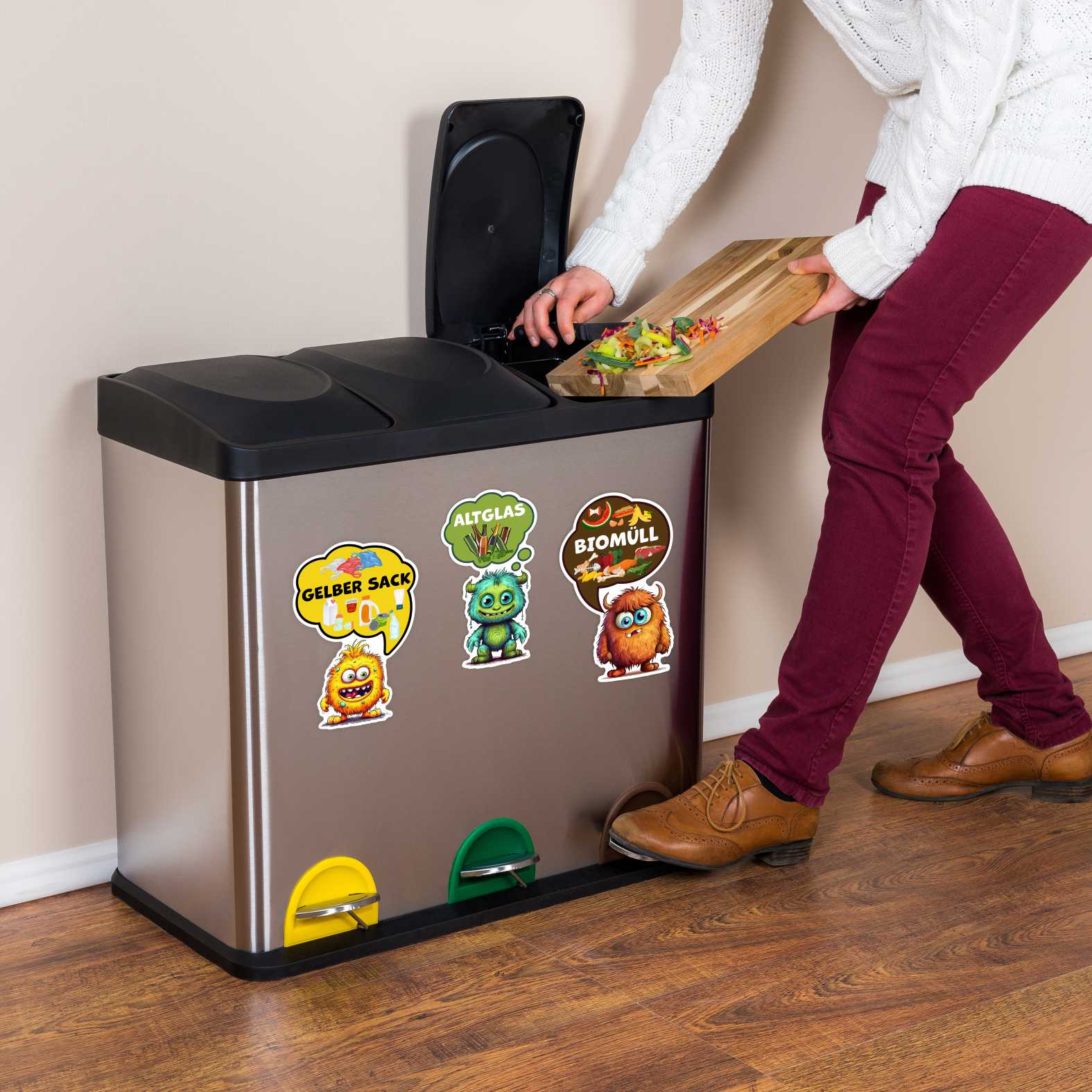 Lustige Aufkleber Monster Set  Mülltrennung - Gelber Sack, Altglas, Altpapier, Restmüll, Biomüll- für Innen