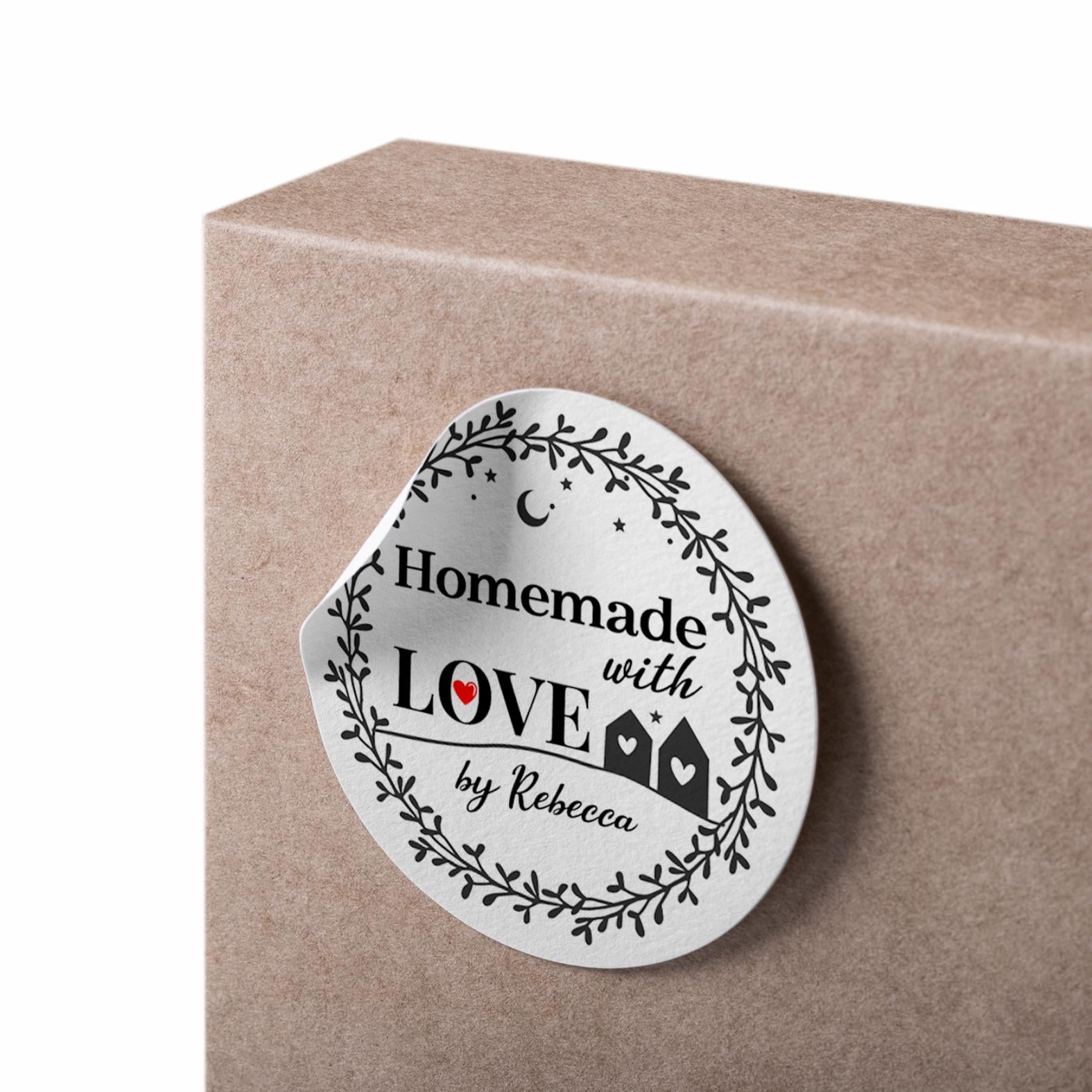Homemade with Love by Wunschname Aufkleber - 4,5 cm Runde Personalisierte Verkäuferetiketten - FOTOFOL
