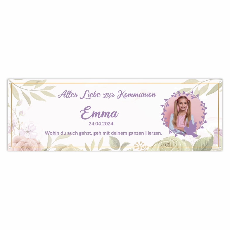 Taufe / Kommunion Banner  personalisiert mit Foto und Wunschname - Lila - FOTOFOL