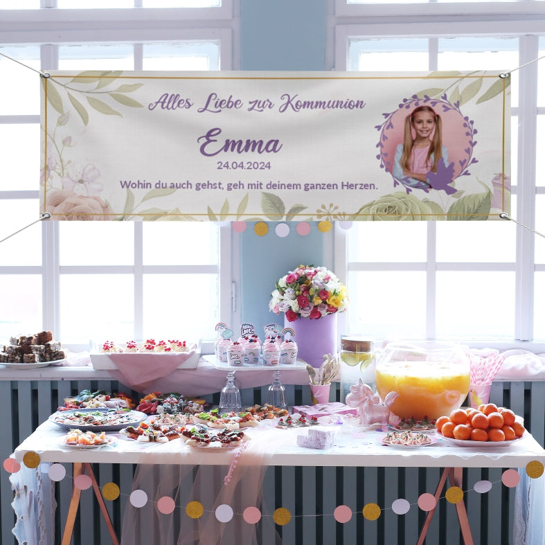 Taufe / Kommunion Banner  personalisiert mit Foto und Wunschname - Lila - FOTOFOL