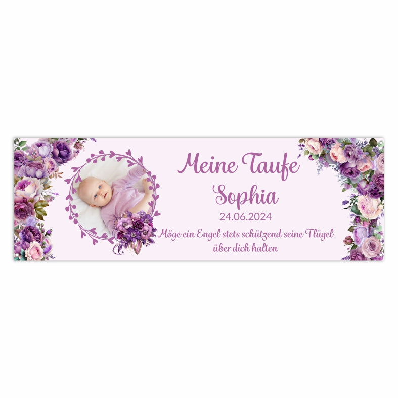Taufe / Kommunion Banner  personalisiert mit Foto und Wunschname - Lila Blumen - FOTOFOL