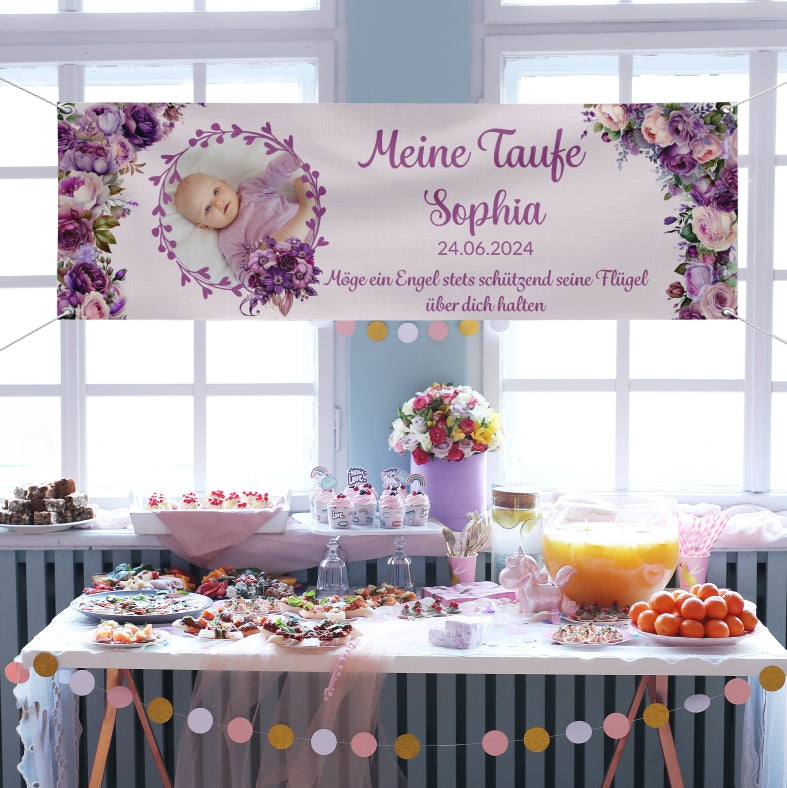 Taufe / Kommunion Banner  personalisiert mit Foto und Wunschname - Lila Blumen - FOTOFOL