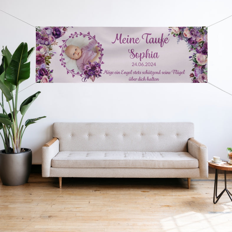 Taufe / Kommunion Banner  personalisiert mit Foto und Wunschname - Lila Blumen - FOTOFOL