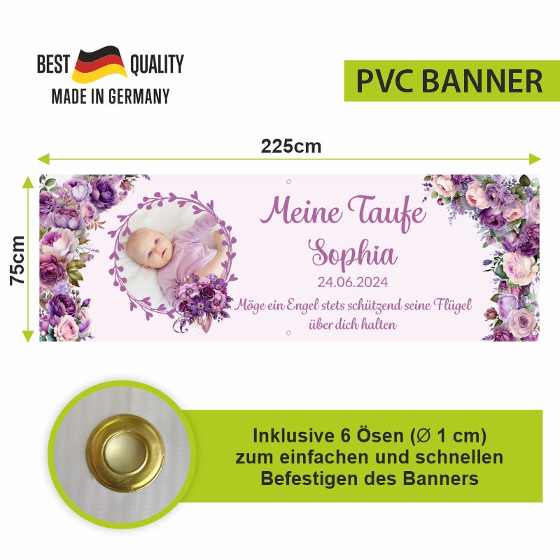 Taufe / Kommunion Banner  personalisiert mit Foto und Wunschname - Lila Blumen - FOTOFOL