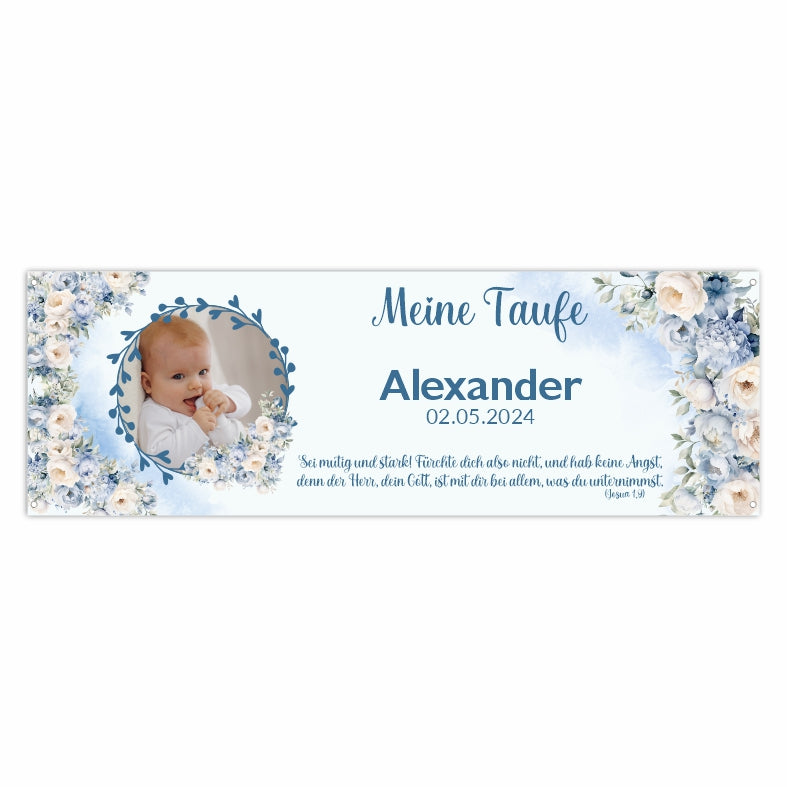 Taufe / Kommunion Banner  personalisiert mit Foto und Wunschname - Blaue Blumen - FOTOFOL