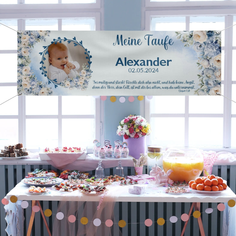 Taufe / Kommunion Banner  personalisiert mit Foto und Wunschname - Blaue Blumen - FOTOFOL