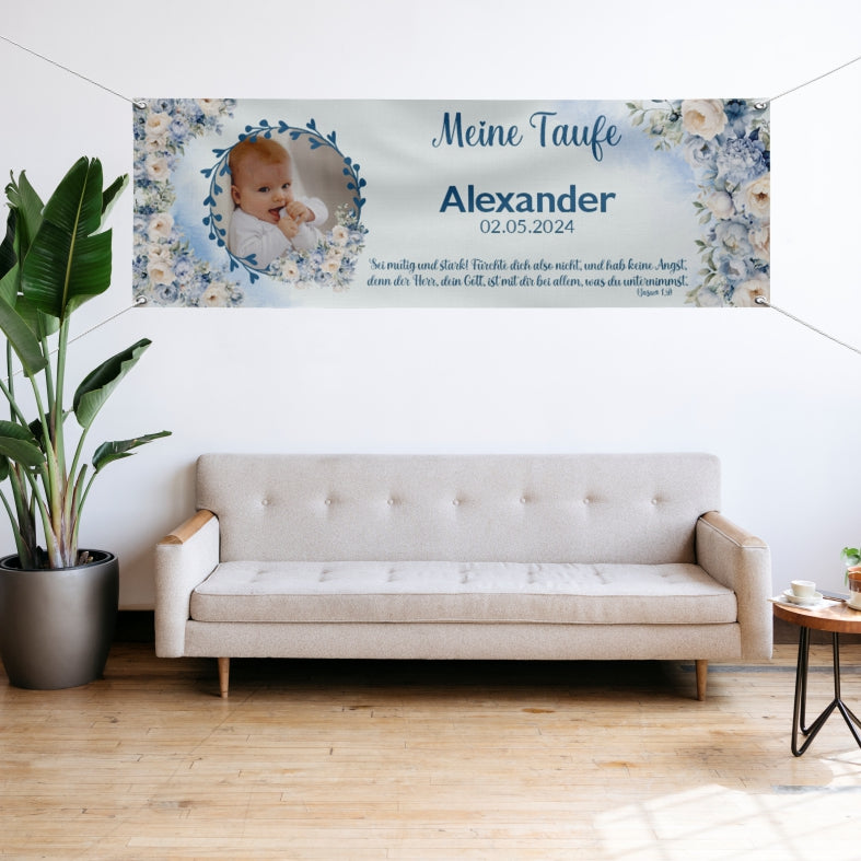 Taufe / Kommunion Banner  personalisiert mit Foto und Wunschname - Blaue Blumen - FOTOFOL