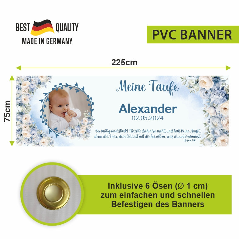 Taufe / Kommunion Banner  personalisiert mit Foto und Wunschname - Blaue Blumen - FOTOFOL