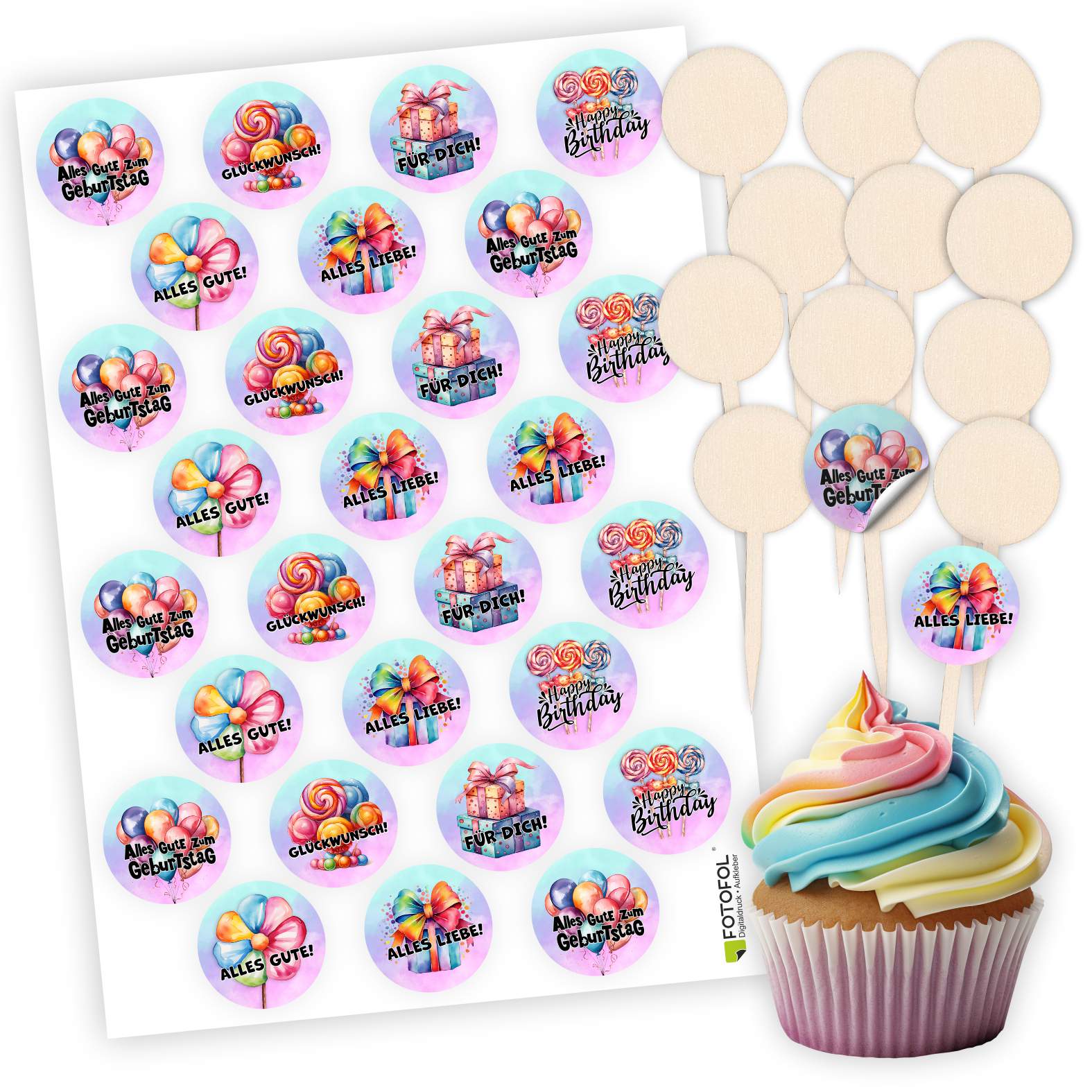 Cupcake Stecker 12er Set aus Holz mit Aufklebern - FOTOFOL
