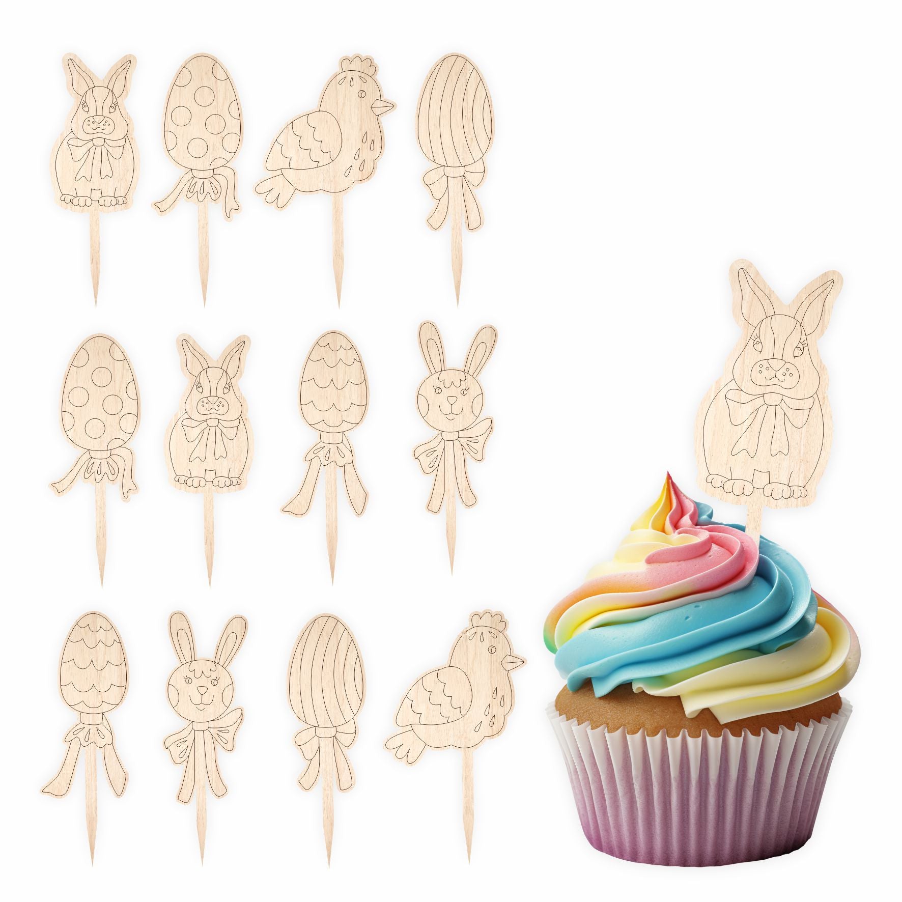 Cupcake Stecker 12er Set aus Holz - Ostern - FOTOFOL