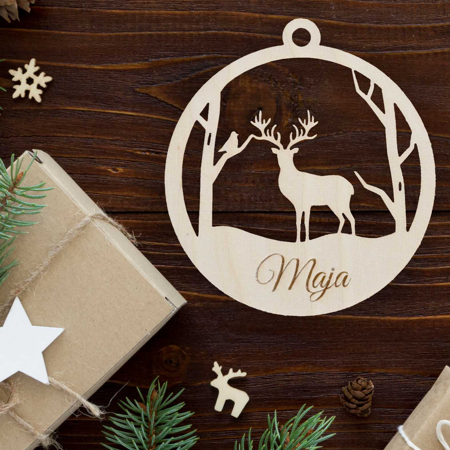 6er Set  Weihnachten Kugel Anhänger aus natürlichem Birkensperrholz mit Wunschnamen - FOTOFOL