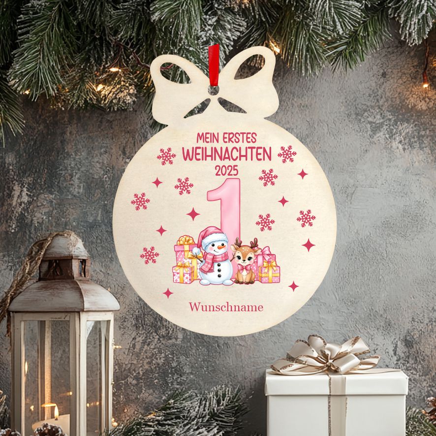 Personalisierte bunte Holz-Weihnachtskugeln - Erstes Weihnachten Mädchen