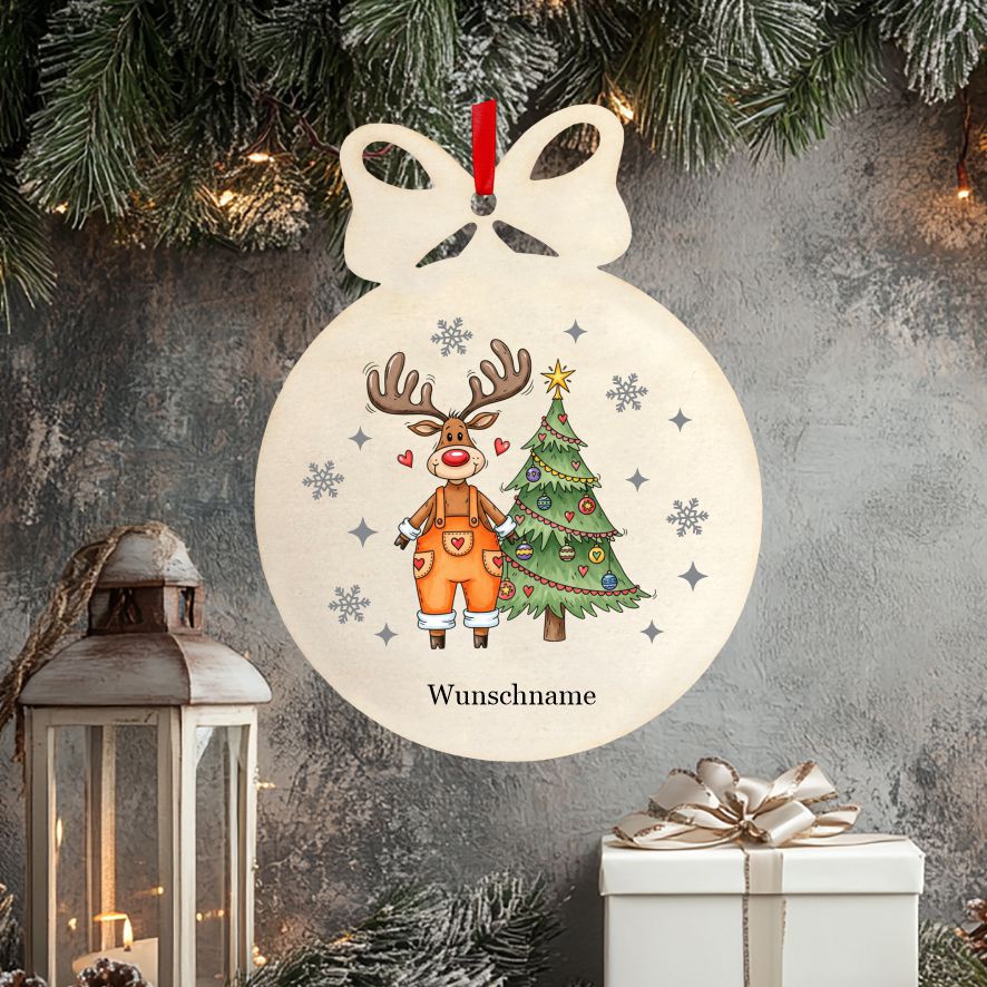 Personalisierte bunte Holz-Weihnachtskugeln - Rentier