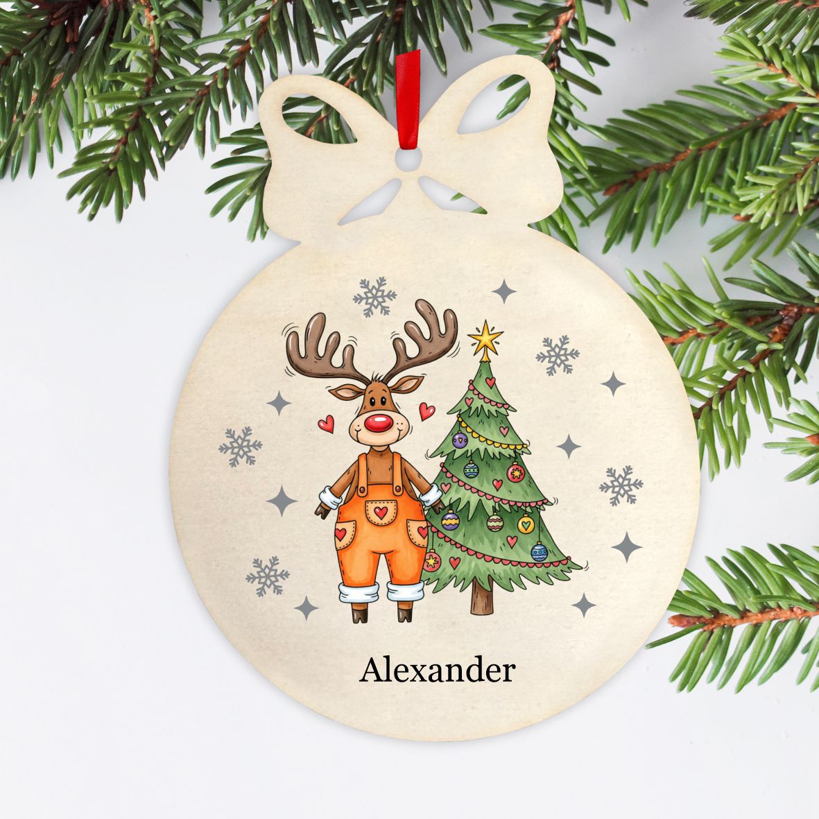 Personalisierte bunte Holz-Weihnachtskugeln - Rentier