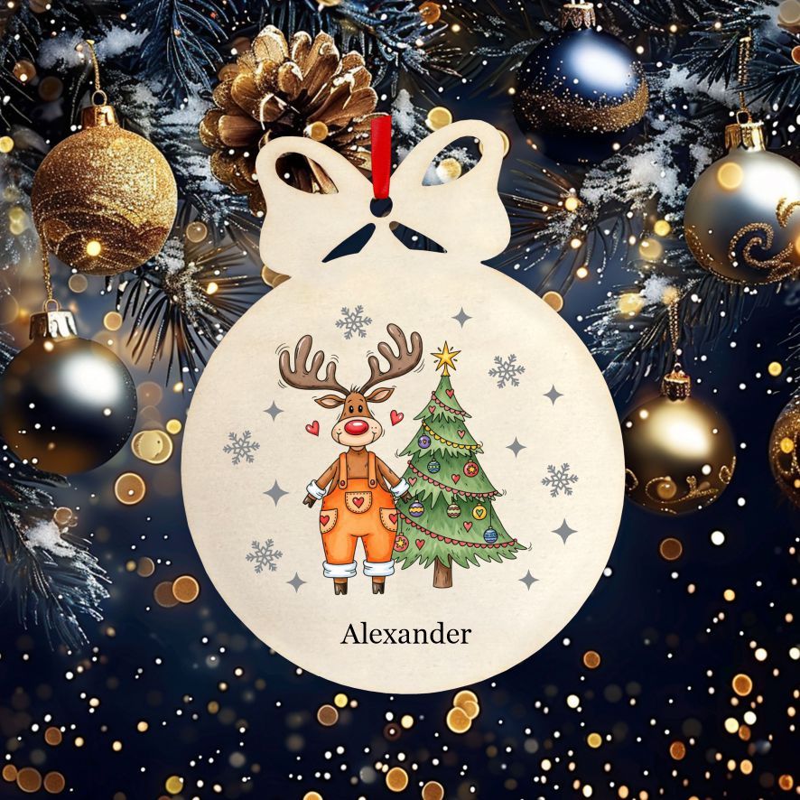 Personalisierte bunte Holz-Weihnachtskugeln - Rentier
