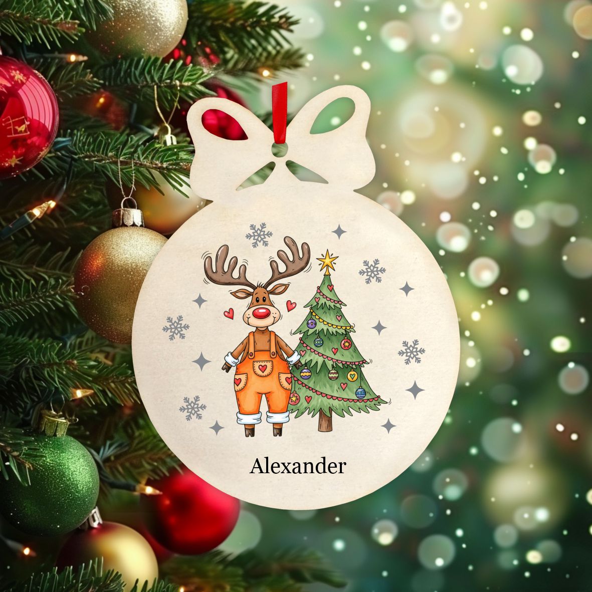 Personalisierte bunte Holz-Weihnachtskugeln - Rentier