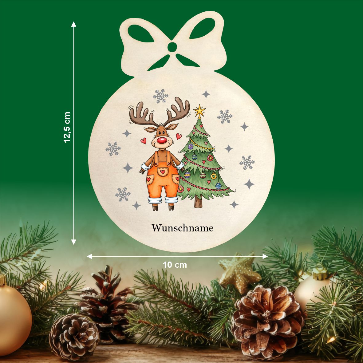 Personalisierte bunte Holz-Weihnachtskugeln - Rentier